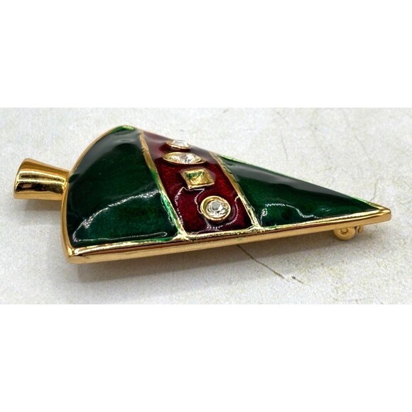 Vintage LIA Signed Christmas Tree Brooch Pin Enamel Green & Red Stones Gold Tone - Picture 8 of 10